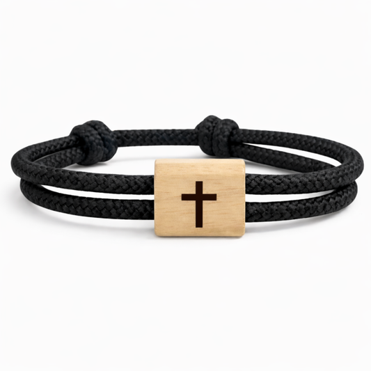 Bracelet Croix gravée sur Bois de Cerisier et Cordon Marin