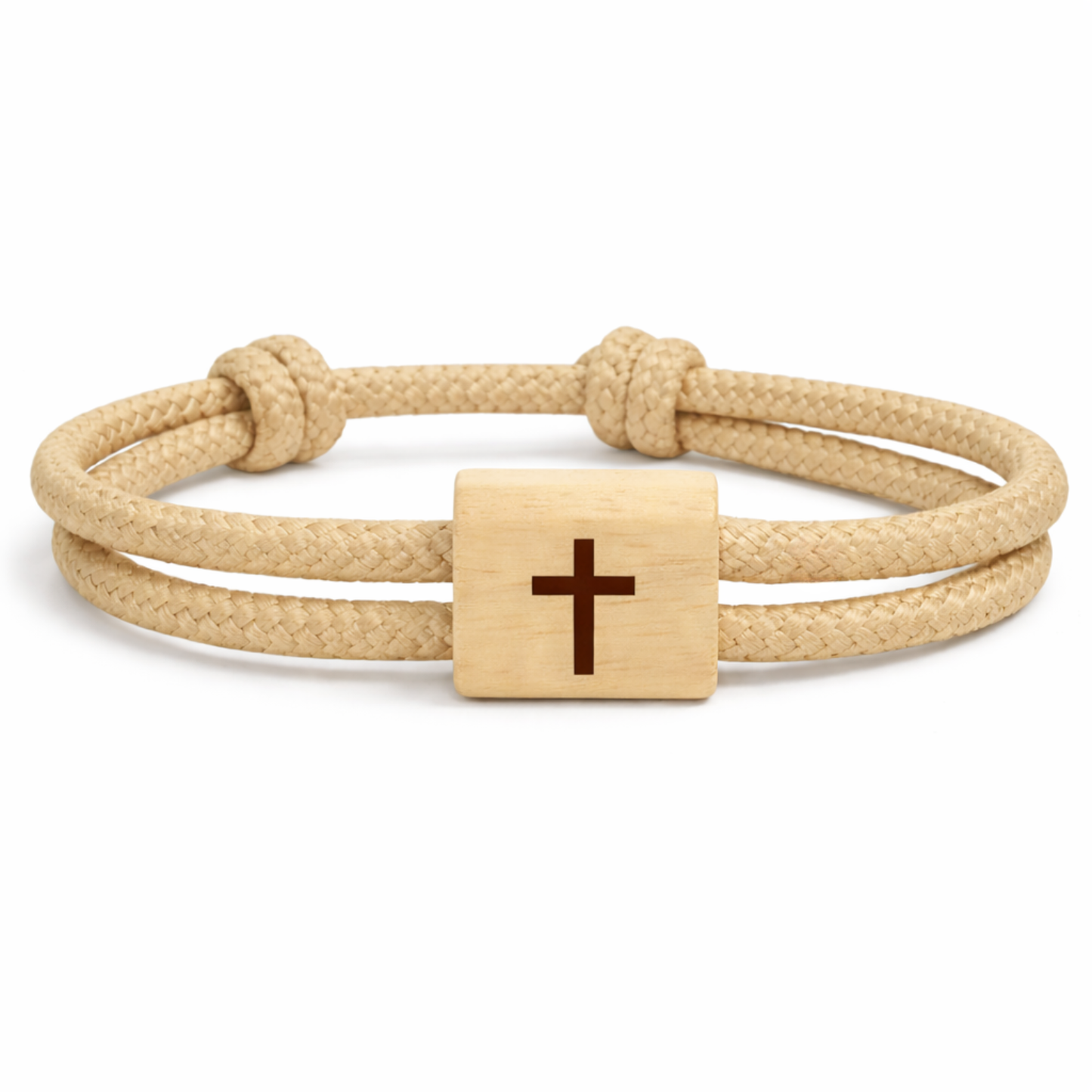 Armband mit graviertem Kreuz aus Kirschbaumholz und Marine-Kordel