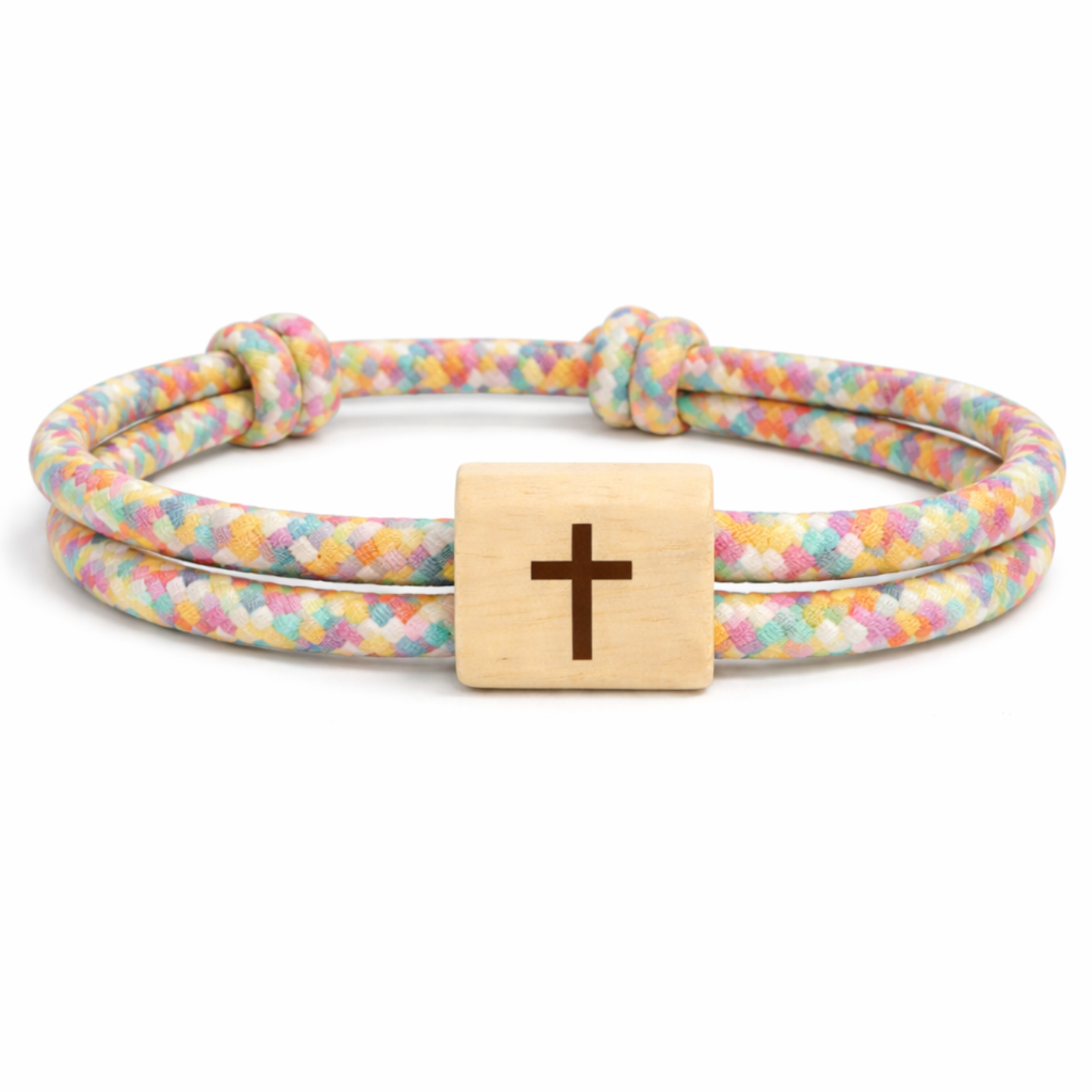 Armband mit graviertem Kreuz aus Kirschbaumholz und Marine-Kordel