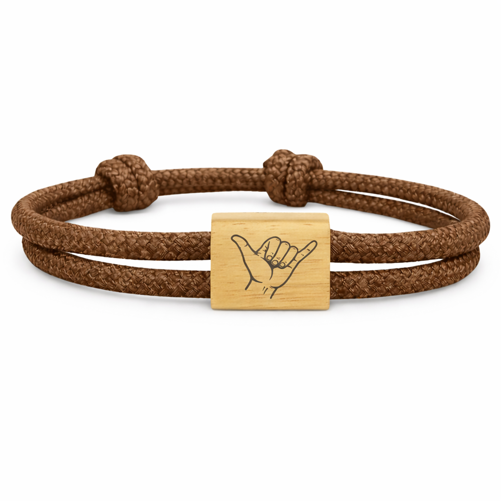 Shaka Armband aus Seil und Holz – Initialen und Symbol auf der Rückseite graviert