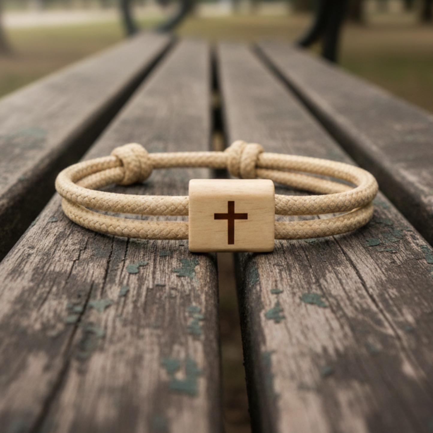 Armband mit graviertem Kreuz aus Kirschbaumholz und Marine-Kordel