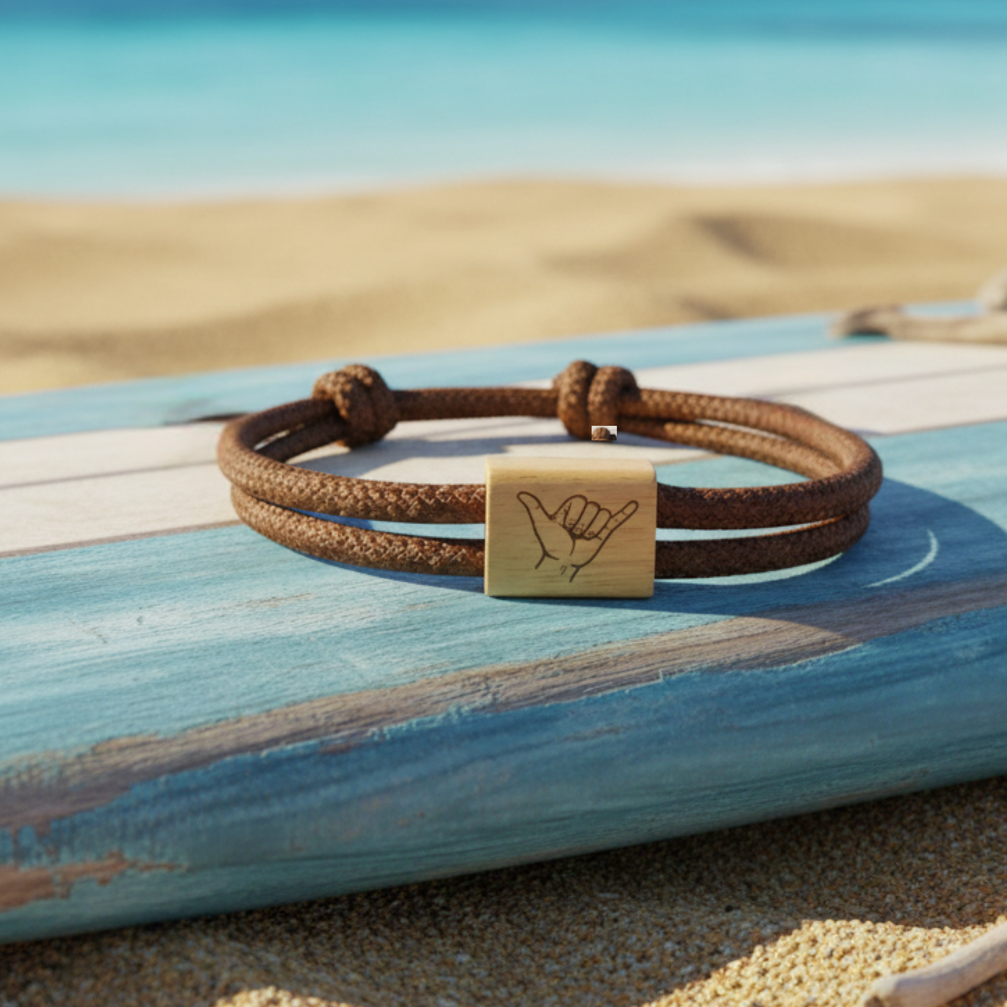 Shaka Armband aus Seil und Holz – Initialen und Symbol auf der Rückseite graviert