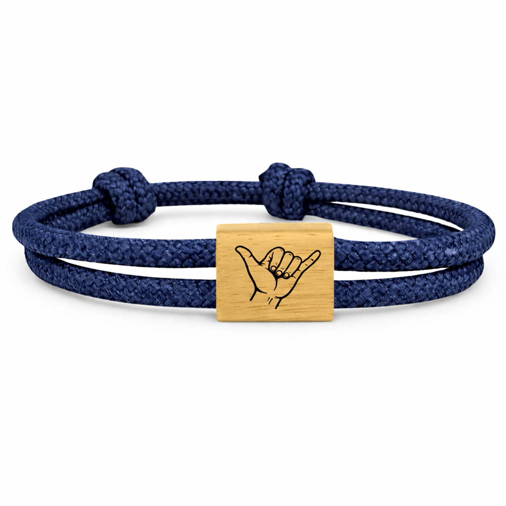 Shaka Armband aus Seil und Holz – Initialen und Symbol auf der Rückseite graviert